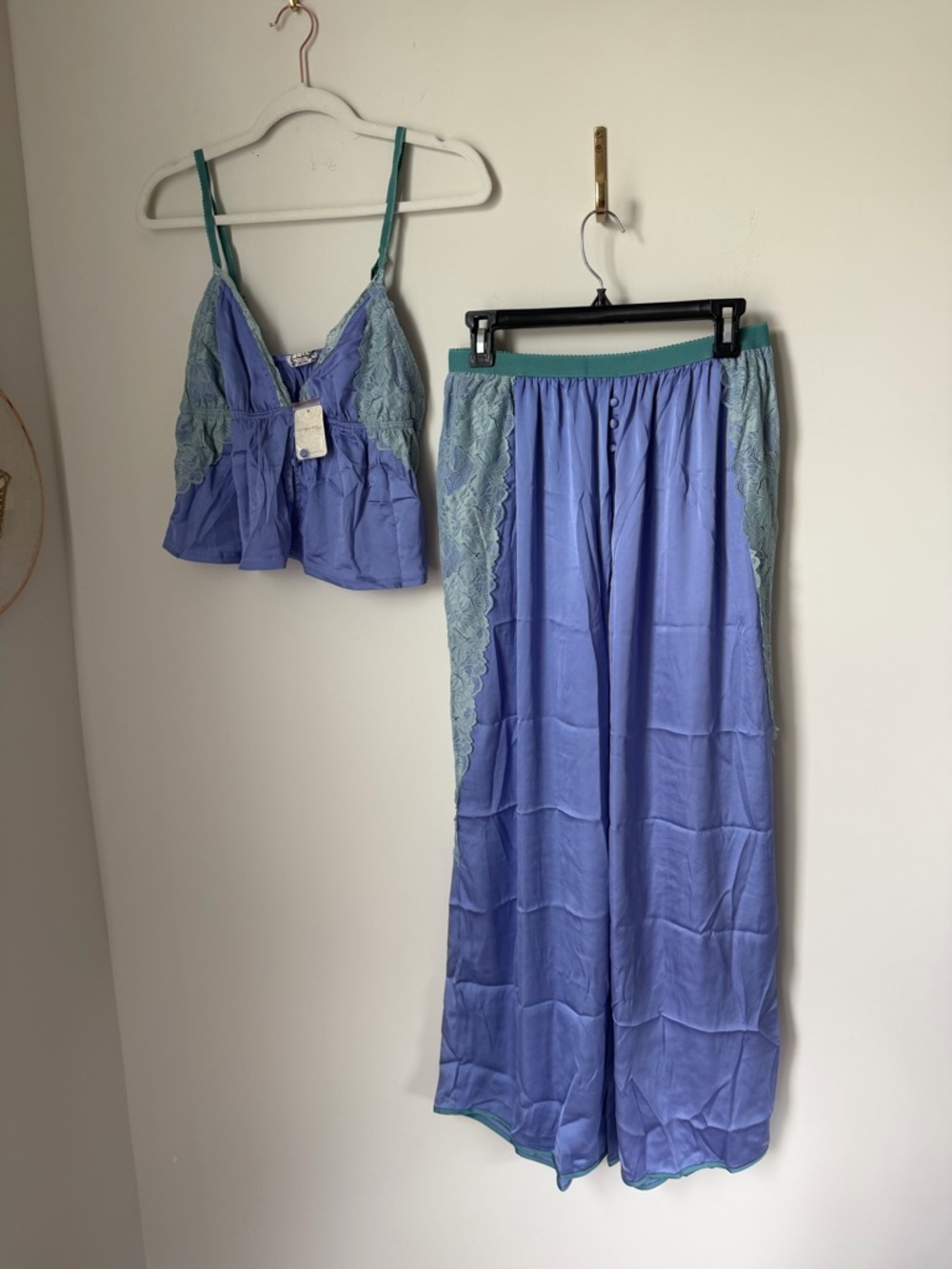 Free people Blue Lace-Trim satin Camisole & Wide-Leg Pajama Set